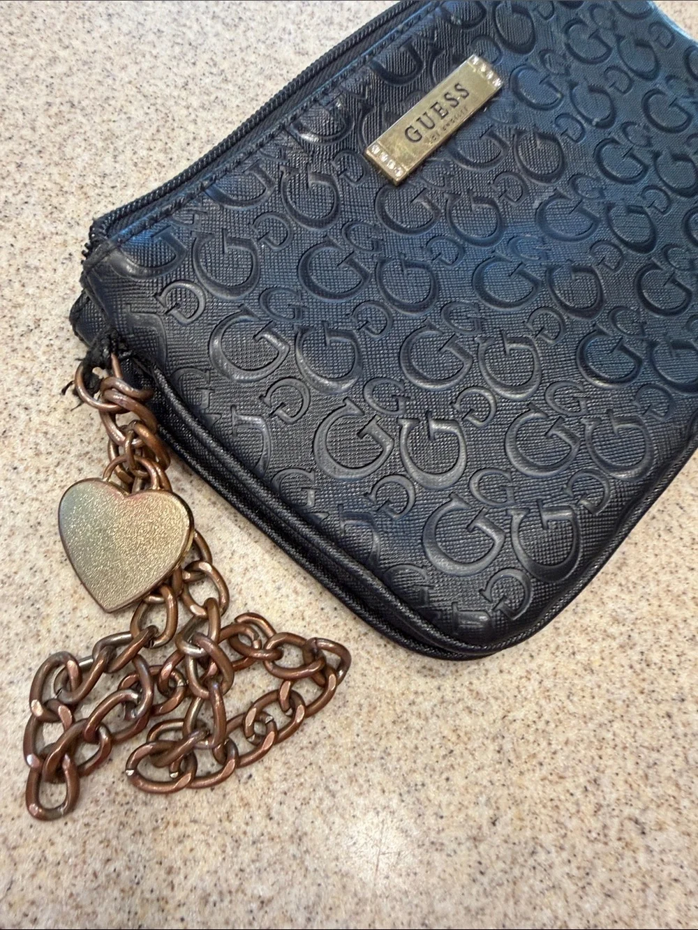 Guess Black Embossed Signature Wristlet with Chain and Heart Charm